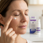 A woman applies a white cream to her cheek, with Optase Life skincare products visible in the background on a white surface.
