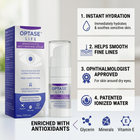 Optase Life Sensitive Eye Daily Renewal Cream shown with its retail box and pump bottle on a clean white background, accompanied by four benefit callouts and three ingredient icons.