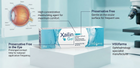 Xailin Gel contact lens box displayed on a white pedestal with informational callouts in a medical-style setting. The box is white and light blue with the Xailin Gel branding visible.