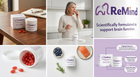 A six-panel collage promoting ReMind dietary supplements: two panels show the product packaging and capsules on a table and countertop, one panel shows a woman taking a supplement, one panel shows the product jar with loose capsules, and one panel shows a supplement facts graphic with the ReMind logo.