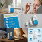 A 3x3 collage showing a dry eye treatment product by Théa in multiple real-life settings: on a wooden table by a window, a woman holding the dropper bottle to her eye, a close-up of the bottle and box, a blue infographic panel, and the product on a bedside table at night. The product is a white bottle with a white cap and a blue-and-white box.