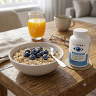 A bottle of Viteyes 2 Advanced Zinc Daily Nutrition capsules sits on a wooden table next to a bowl of oatmeal with blueberries, a glass of orange juice, and a mug in a bright, natural setting.