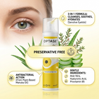 OPTASE Preservative Free eye cream pump bottle centered on a pale yellow background, surrounded by ingredient callouts and botanical graphics including aloe vera, with a close-up eye in the upper left.