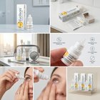 A 5-panel collage showcasing the EvoFears Preservative-Free 3ml portable eye drops. The panels show the product packaging (white box and dropper bottle with yellow accents), a hand holding the portable dropper, an eye-tray set with the product, and a close-up of a woman applying the eye drops.