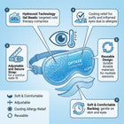 A reusable cooling eye mask labeled OPTASE Cooling Mask in the center, surrounded by five callout panels with icons and text describing features such as hydrocool technology gel beads, cooling relief for puffy and inflamed eyes, adjustable strap, reusable design, and soft comfortable backing. The background is a light blue with a small thermometer and eye illustration above the mask.