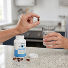 A person holds a brown eye supplement capsule over a glass of water next to an open Viteyes Advanced supplement bottle on a kitchen counter.