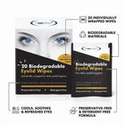 The eye doctor Biodegradable Eyelid Wipes packaging shown on a white background with callout lines highlighting key features: 20 individually wrapped wipes, biodegradable materials, and preservative-free and detergent-free formula.
