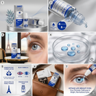 A 7-panel collage showcasing Optase Life Bright Eyes homeopathic eye drops. The panels include product packaging (box, tube, dropper bottle) on a silver pedestal, a close-up of a liquid drop being dispensed, a person applying the drops to their eye, a petri dish containing blue liquid droplets, informational graphics about blue formula and preservative-free features, and a close-up of a person's eye with the drops being administered.