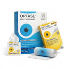 OPTASE Moist Heat Mask kit with a blue and white box, yellow and white packaged hand-made folded wipes, a rolled blue mask, and a tissue, shown on a clean white background.