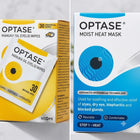 Optase Manuka Oil Eyelid Wipes packaging showing a yellow box with a single-wrapped packet on the left, and an Optase Moist Heat Mask box with blue graphics on the right.