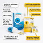 Optase Eyelid Care set featuring a blue and white heat mask, yellow and white manuka oil eyelid wipes, individual wipes packets, and callout text bubbles highlighting product features on a light gray background.