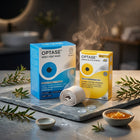 Two Optase skincare product boxes on a stone tray: a blue Optase Moist Heat Mask box and a yellow Optase Banana Oil Eyelid Wipes box, with a rolled white eye patch and small bowls of oil and rosemary in a styled setting.