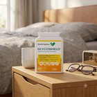Ocular Express Glycoshield supplement bottle placed on a wooden bedside table in a softly lit bedroom setting, with a mug, glasses, and a clock nearby.