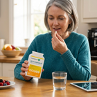 A woman in a teal sweater sits at a wooden table in a bright kitchen, holding a box of Grade Pure Glycoshield dietary supplements and taking a pill. A glass of water and a tablet are on the table in front of her.
