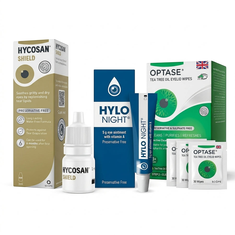 Eyelid Hygiene & Dry Eye Bundle – Lubrication, Night Care & Tea Tree Cleansing