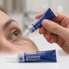 A close-up of a person's eye with a small drop of eye cream being applied from a blue and white tube held by a hand. Another tube of Hycosan Night eye cream lies on the white surface in the foreground.