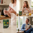 A three-panel lifestyle collage showing the Eyetamins Vision Support supplement. The left panel shows a woman holding a red pill and the green product box on a kitchen counter.