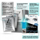 Zocular eye doctor intensive relief kit and antibacterial dry eye compress set, featuring individual packed hygienic sachets, a blue bottle, and a box with informational callouts on a white background.