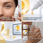 A four-panel promotional collage for Evotelaze eye drops. The top-left panel shows a close-up of a woman's eye with a drop of liquid on the cheek and the product bottle.