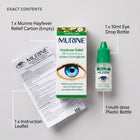 MURINE Hayfever Relief eye drops set on a light gray background, including an empty relief carton, a 10ml eye drop bottle with a green cap, an instruction leaflet, and a multi-dose plastic bottle.