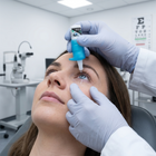 A person in an eye exam room receives eye drops from a gloved hand while looking upward. The dropper bottle has a white and bright blue design.