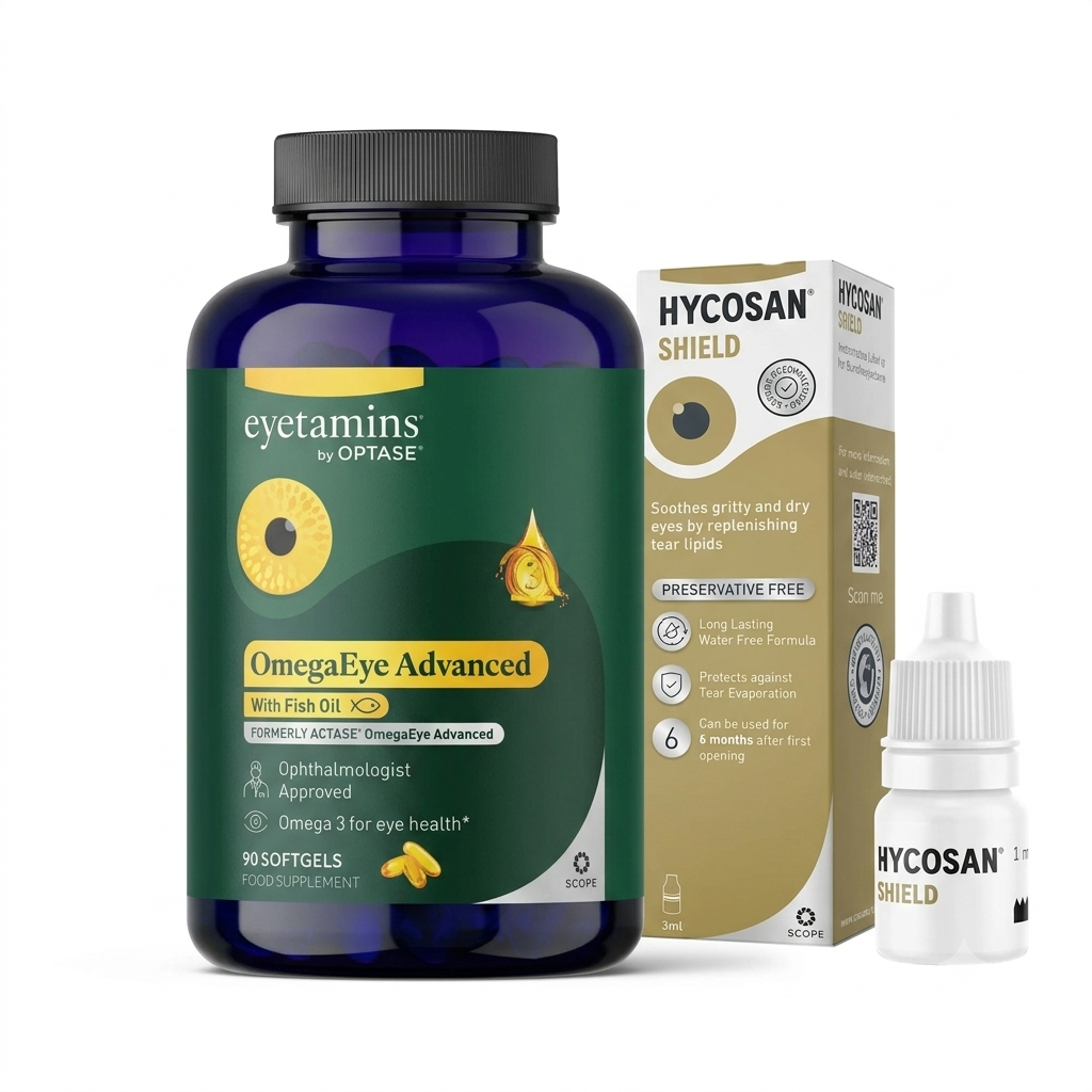  eyevitamins OmegaEye Advanced supplement bottle, Hycosan Shield packaging, and Hycosan Shield dropper on a white background