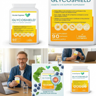 A collage showing Ocular Express Glycoshield diabetic eye support supplement bottles, packaging graphics, and a man holding the product in a home setting. The bottles and labels are predominantly white with bright yellow panels and teal branding text.