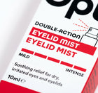 Close-up of a white and red box for an eyelid mist, showing text such as 'DOUBLE-ACTION EYELID MIST' and 'MILD INTENSE' on a clean white background.