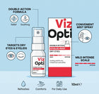 Viz Opti Eyelid Mist bottle and packaging box on a light blue background with callout icons and text describing double-action formula, relief and soothing benefits, and 10ml size.