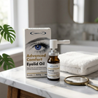 Eyedocto Advanced Comfort Eyelid Oil shown with its retail box, a small amber pump bottle, and a folded white towel on a marble countertop in a softly blurred bathroom setting. A brass magnifying glass is also present.