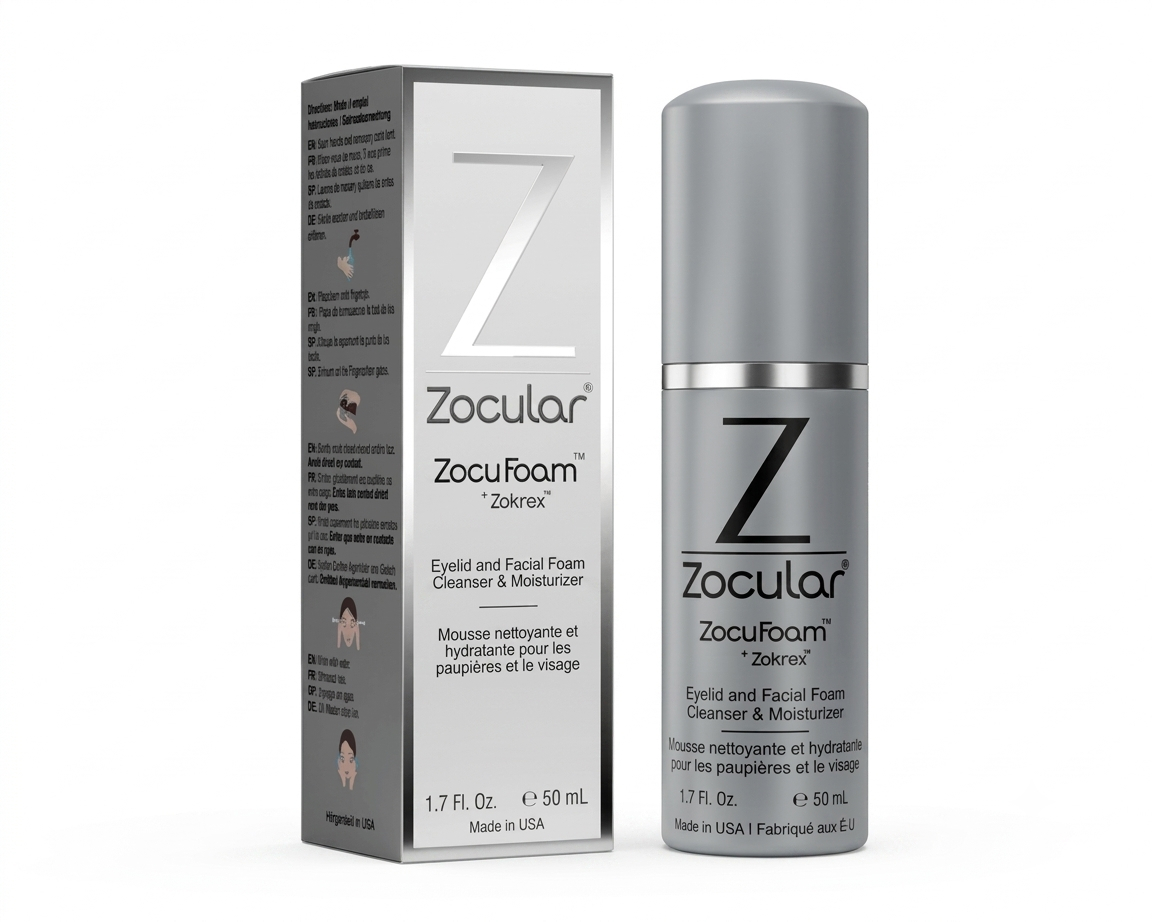 Zocular ZocuFoam 29crisel Eyelid and Facial Cleanser & Moisturizer shown in its silver bottle and matching gray-and-white retail box on a white background.