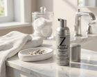 Zocular Zeno15 facial foam in a silver pump bottle, displayed on a marble bathroom counter next to a folded white towel, a small dish with dried lavender, and a chrome faucet.