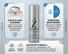A product infographic for Zocular Eyelid & Lash Cleanser and Hydrating Moisturizer, showing three numbered panels with icons and text detailing the product's benefits and ingredients on a light blue background.