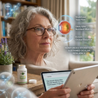 A woman with gray hair and glasses sits indoors holding a tablet, with a Vitvees supplement bottle and cap on the table beside her. Floating graphic overlays illustrate eye health benefits including stabilized tear film, DHA/EPA nutrient matrix, ectoin ocular balance, and reinforced hydration, sustained ocular resilience.