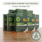 Six boxes of eyetamins by OptFast Vision Support softgels arranged on a wooden surface with a few red softgels scattered in front. Text at the top reads '1-YEAR VISION SUPPORT VALUE BUNDLE (12 Boxes • 360 Softgels Total)' and a circular badge at bottom right says '365 DAYS BEST VALUE'.