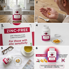 A six-panel collage showing a bottle of Viteyes2 Zinc-Free supplements in a kitchen and on a tabletop, a close-up of a hand holding a capsule, a close-up of the label, a bottle with capsules in a small dish, and a lifestyle panel with a pill organizer and capsules.