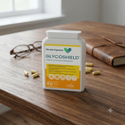 A bottle of Ocular Express Glycoshield dietary supplement capsules sits on a wooden table, with a few capsules scattered around it and a book in the background.