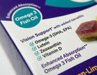 Close-up of a supplement box showing Omega 3 Fish Oil branding and a list of vision support ingredients including Omega-3, lutein, zeaxanthin, and vitamin D.