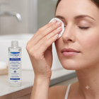 A woman with closed eyes wipes her eye with a cotton pad next to a bottle of Optase Lift Intensive Eye Cleanser on a bathroom counter.