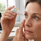 A close-up of a woman holding a small white dropper bottle to her eye, with a tear forming and falling. The bottle label reads EyeCare.