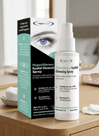 Eyedoctor Hypochloric Eyelid Cleansing Spray bottle and its retail box, displayed on a wooden table with a blurred bathroom background.
