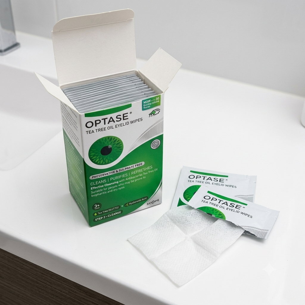 A box of OPTASE Tea Tree Oil Eyelid Wipes sits open on a white bathroom counter, with several individual white and green wipes and a single folded wipe placed in front.