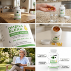 A six-panel collage showing Viteyes Omega Blend dietary supplement bottles, capsules, and a woman reading outdoors with one bottle nearby. The panels show the product in a kitchen and living room setting, close-ups of the label, open bottles with softgels, and callout text highlighting benefits.