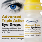 A bottle of the eyedoctor Advanced Triple Action Eye Drops next to its retail box, featuring a white and yellow color scheme with a graphic of a blue eye on the packaging.