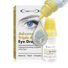 TheEyedoctor Advanced Triple Action Eye Drops shown with the retail box, a small dropper bottle, and a large graphic of a tear drop on a clean white background.