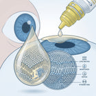Illustrated eye care graphic showing a dropper dispensing liquid onto a tear film on an eye, with a large tear drop and cross-section of the eye showing labeled layers: lipid matrix, moisturize, repair, and strengthen.