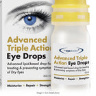The Eyedoctor Advanced Triple Action Eye Drops shown with a white and gold retail box and a white dropper bottle with a yellow cap on a light gray background.