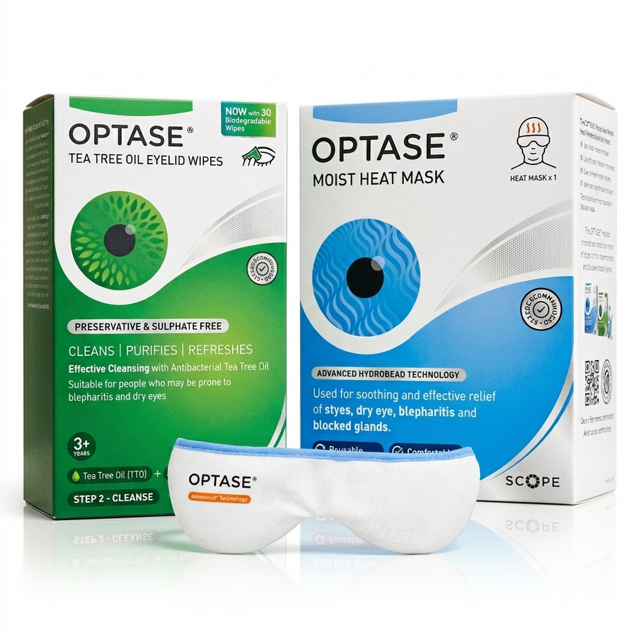 Optase eye care products including wipes and a heat mask on a white background
