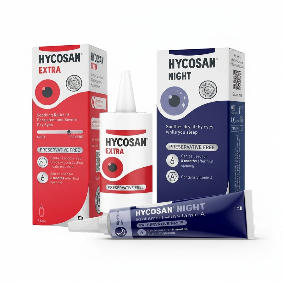 Hycosan eye treatment packaging and applicator bottles on a white background, including Extra, Night, and tube formats.