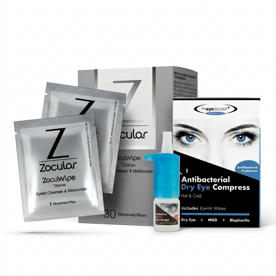 Zocular dry eye treatment kit including ZocularWipe moisturizer and antimicrobial wipes, an eyedrop bottle, and a box of EyedDoctor Antibacterial Dry Eye Compress on a white background.